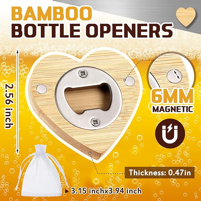Vesici 24 Pcs Magnetic Bottle Opener 2.5in DIY Bamboo Heart Shape Beer Openers - Image 2