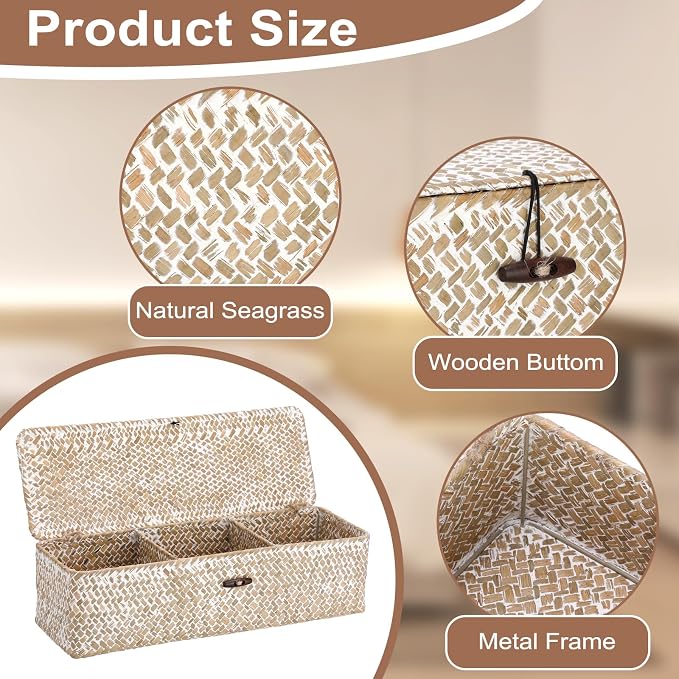 Hipiwe Storage Basket with Lid 3 Sections Handwoven Seagrass Basket Rectangular - Image 6