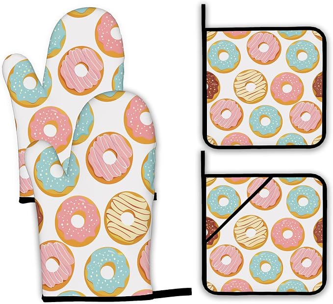 Pink Doughnut Oven Mitts and Pot Holders Set, Kitchen Oven Gloves and Pot Holder by Unknown
