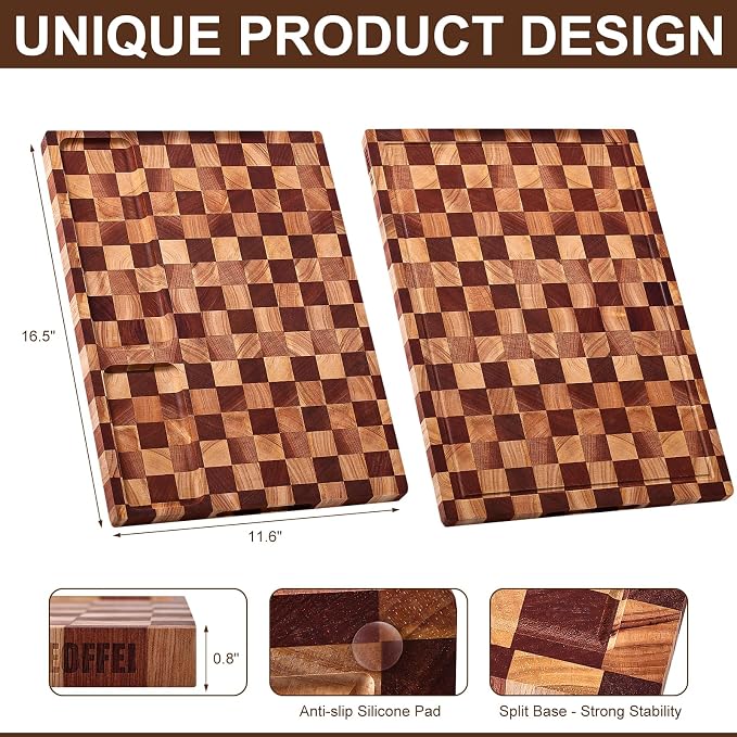 Checkered Cutting Board with Stand, Dual-Sided Wood Cutting Board with Juice - Image 4