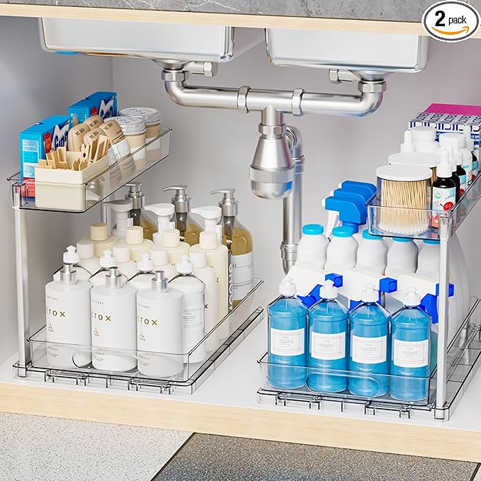 Yieach 2 Pack 14.5″ Deep Pull Out Under Sink Organizer, 10.8″ High 2 Tier Slide by Yieach