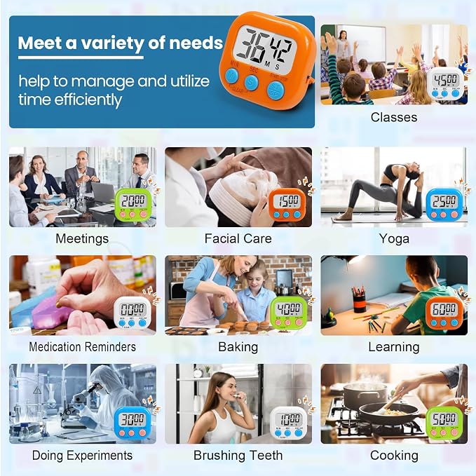 12 Pack Multi-Function Digital Timers, Magnetic Large LCD Display Loud Alarm - Image 3