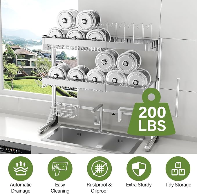 Over The Sink Dish Drainer Drying Rack 3 Tier, Full Stainless Steel Dish Drying - Image 7
