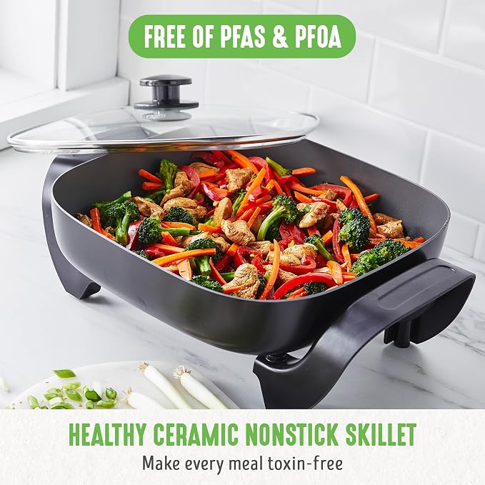 GreenLife 12" 5QT Square Electric Skillet, Glass Vented Lid, Ceramic PFAS-Free - Image 2