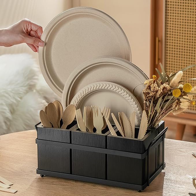 PTSTING Silverware Caddy Black Wood Silverware Holder Paper Plate Dispenser - Image 2