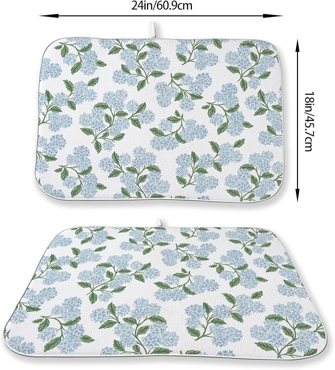 Blue Green Dish Drying Mat 18x24 Inch Vintage Floral Hydrangea Flower Drying - Image 2