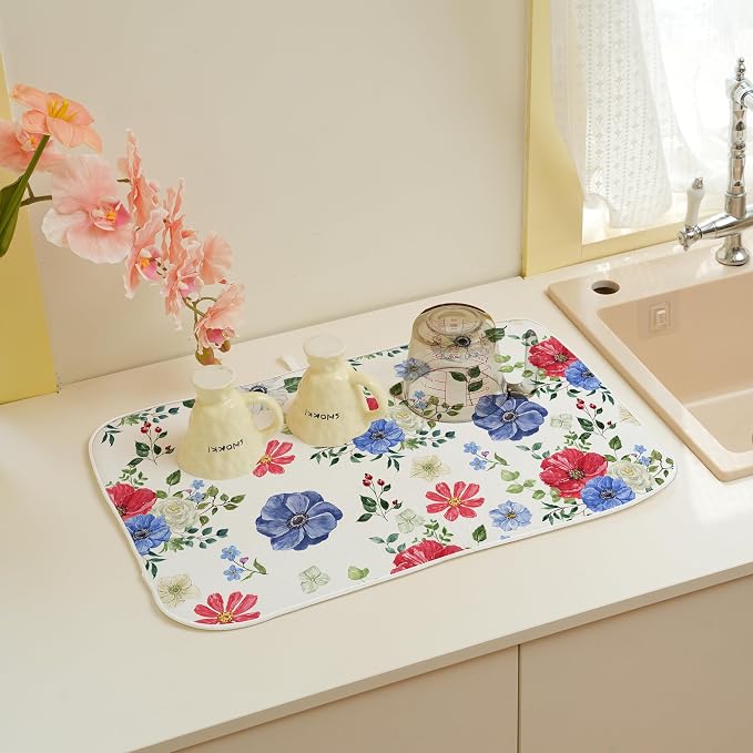 Blue Red Floral Dish Drying Mats 18x24 Inch Independence Day Flower Drying Mats - Image 3