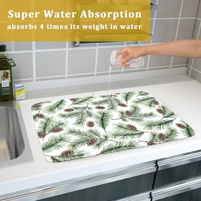 Winter Dish Drying Mat for Kitchen Counter Pine Needle Cone Festival Xmas - Image 7