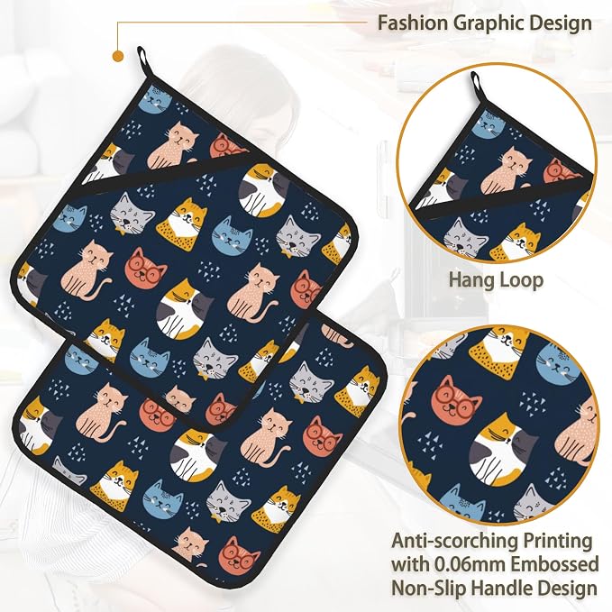 Cute Cat Pot Holder Set of 2, Heat Resistant Potholders Oven Hot Pads - Image 4