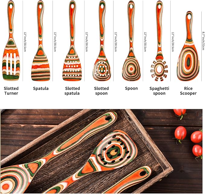 Gudamaye Pakkawood 7-Piece Red Wooden Cooking Utensils, Wooden Spoons - Image 2