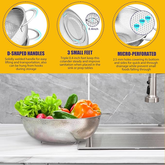 E-far 3QT & 5QT Colander Set of 2, Stainless Steel Micro-Perforated Colander - Image 5
