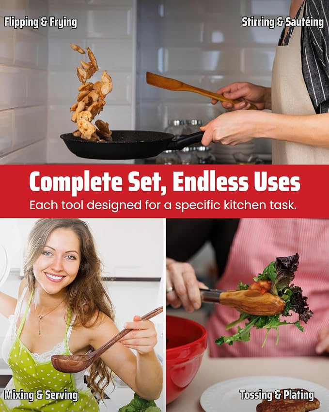Elegant 5-Piece Walnut Wood Kitchen Utensil Set – Non-Scratch, Heat-Resistant - Image 3