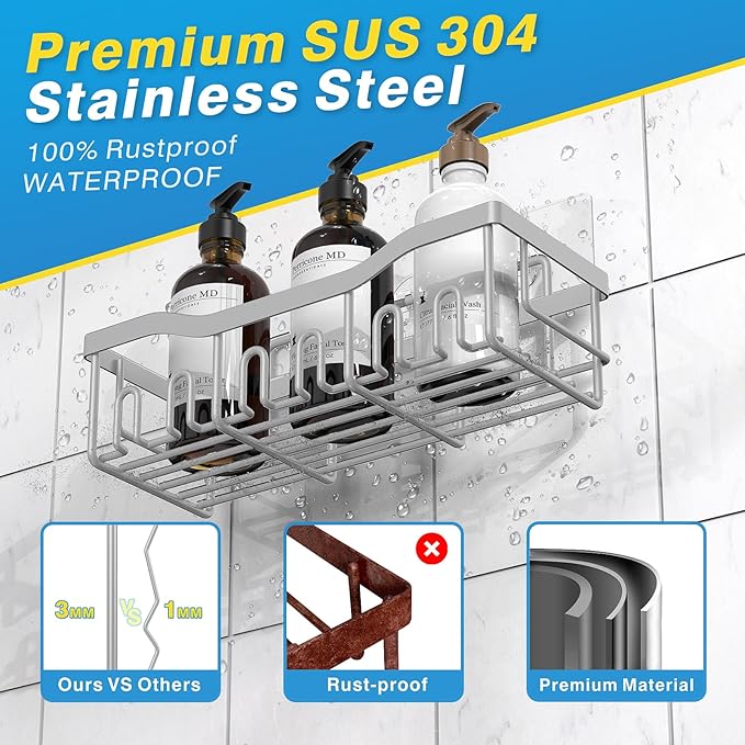EUDELE 5-Pack Rustproof Stainless Steel Shower Caddy Set– No Drill Adhesive - Image 5