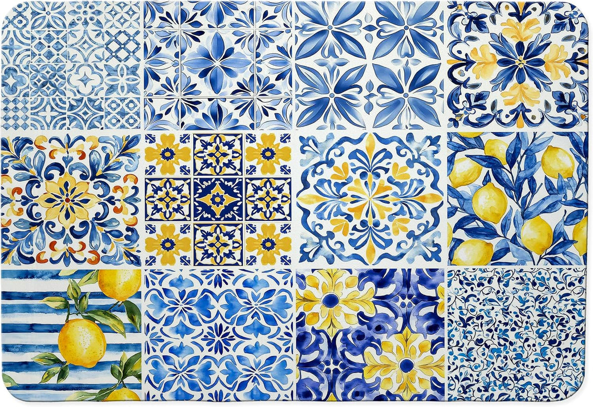 Mediterranean Tiles Dish Drying Mat, Blue White Italy Lemons Coffee