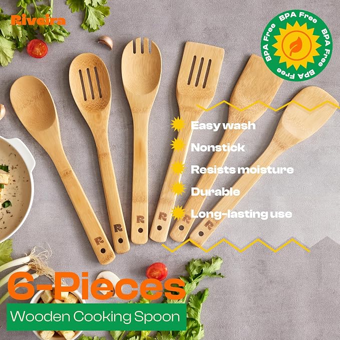 Riveira Bamboo Cooking Spoons 6-Piece – Wooden Cooking Utensils Set - Image 5