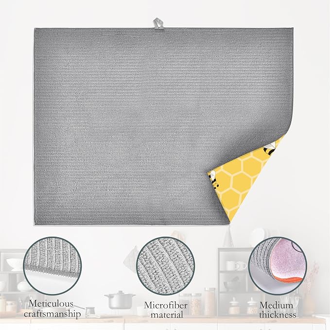 Yellow Bees Dish Drying Rack Mats Decor, Honey Honeycombs Dish Pad Drying Mat - Image 4
