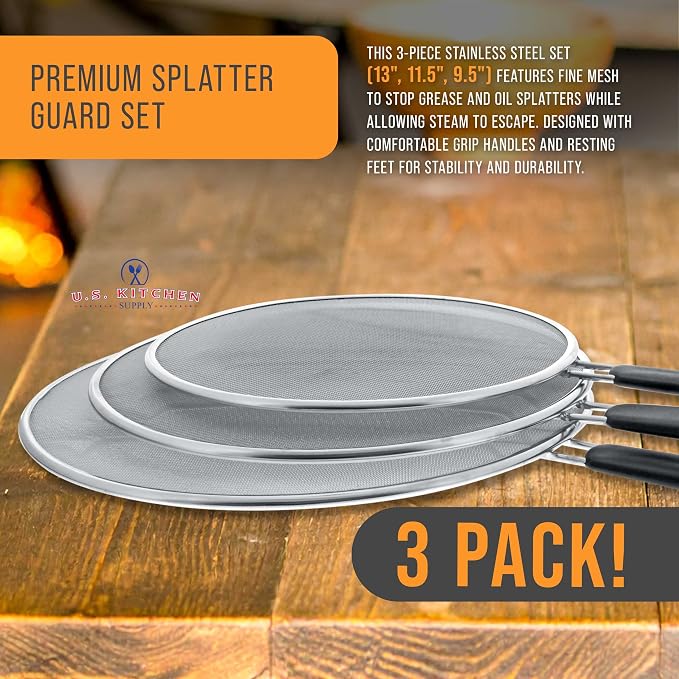 U.S. Kitchen Supply 3-Piece Stainless Steel Splatter Guard Set Fine Mesh Cover - Image 3