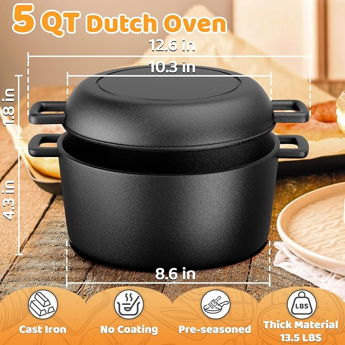 Cast Iron Dutch Oven for Bread Baking, 5 QT Pre-Seasoned Pot - Image 2