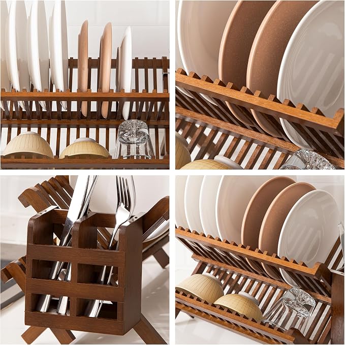 HBlife Dish Rack, Teak Folding 2-Tier Collapsible Drainer Dish Drying Rack - Image 8