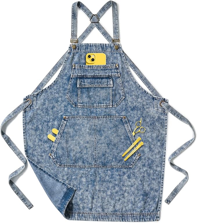 Denim Apron with Pockets for Hair Stylist Gardening Craftsmen Barista Women by Vammcht