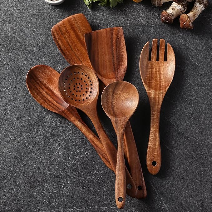 Premium Teak Wooden Spoons for Cooking, 6-Piece Wood Kitchen Utensils Set for - Image 3