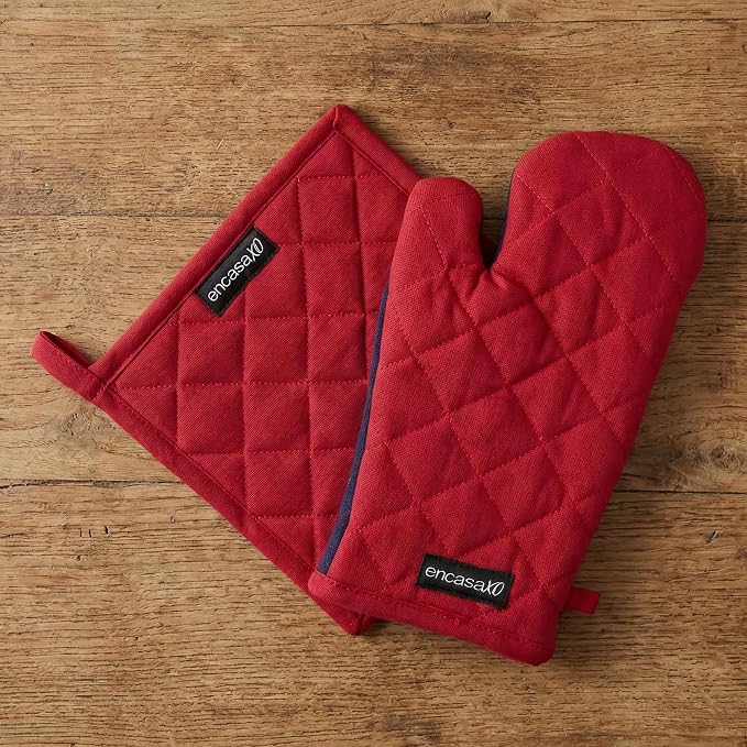 Encasa XO Heat Resistant 100% Cotton Oven Glove & Potholder Set by EncasaXO