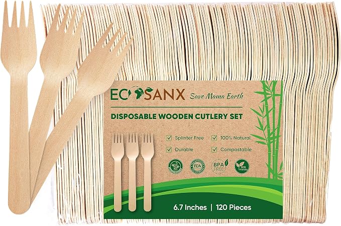 ECOSANX® 120 PCs Wooden forks for eating 6.5" Splinter Free Compostable Forks by ECOSANX