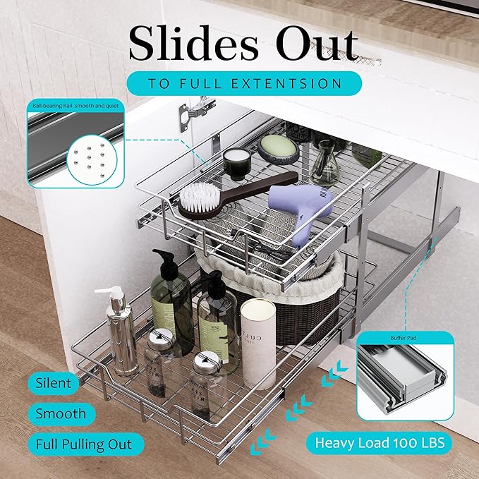 2 Tier Pull Out Cabinet Organizer 11" W X 17" D, Slide Out Drawers - Image 3
