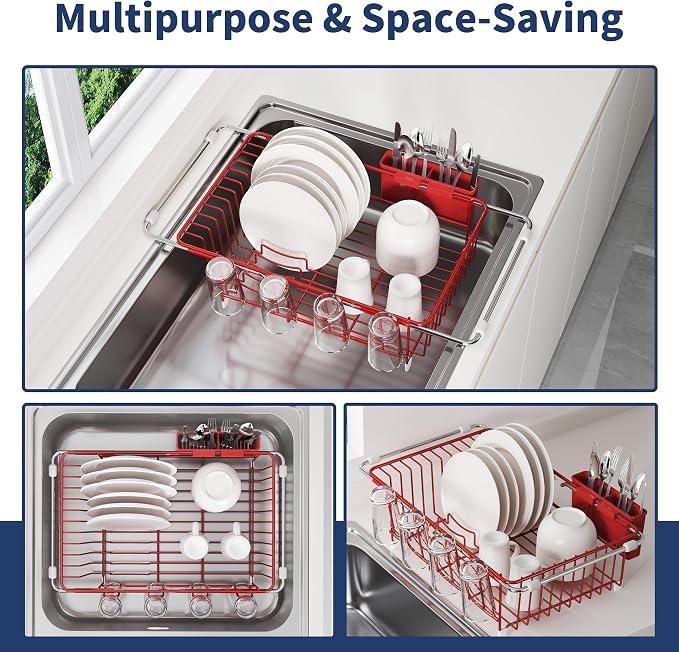JASIWAY Red in Sink Dish Drying Rack, Expandable Stainless Steel Small Dish - Image 2