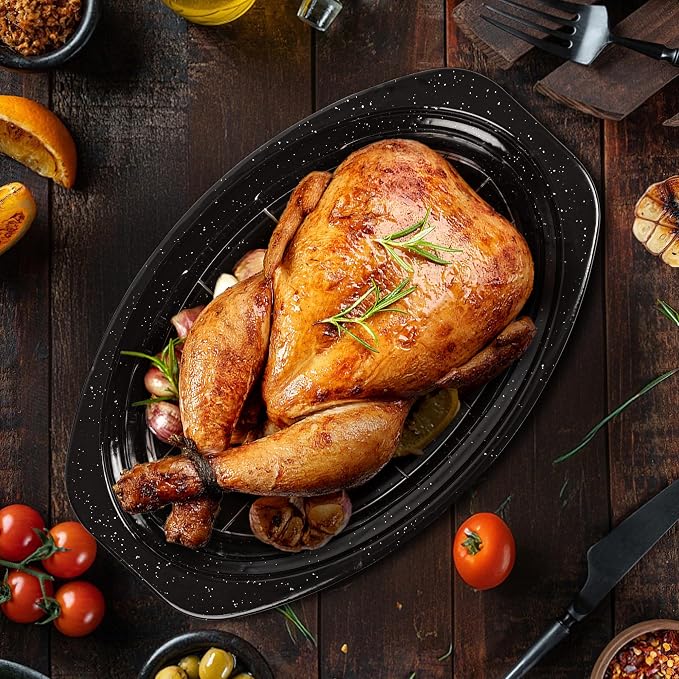 13” Roaster Pan with Lid and Rack, Small Enamel Roaster Pan with Oval Roasting - Image 6