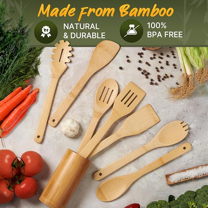Bamboo Utensils 7 PCs with Holder – Bamboo Cooking Utensils Set + Holder - Image 5