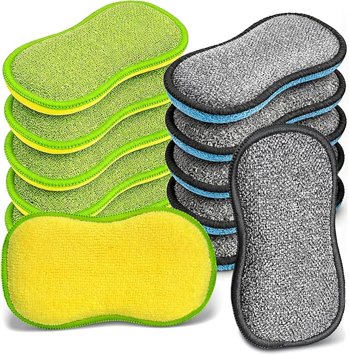 Dish Sponges Kitchen, 12 Pack Multi-Purpose Microfiber Scrub Sponge by YeahWhee