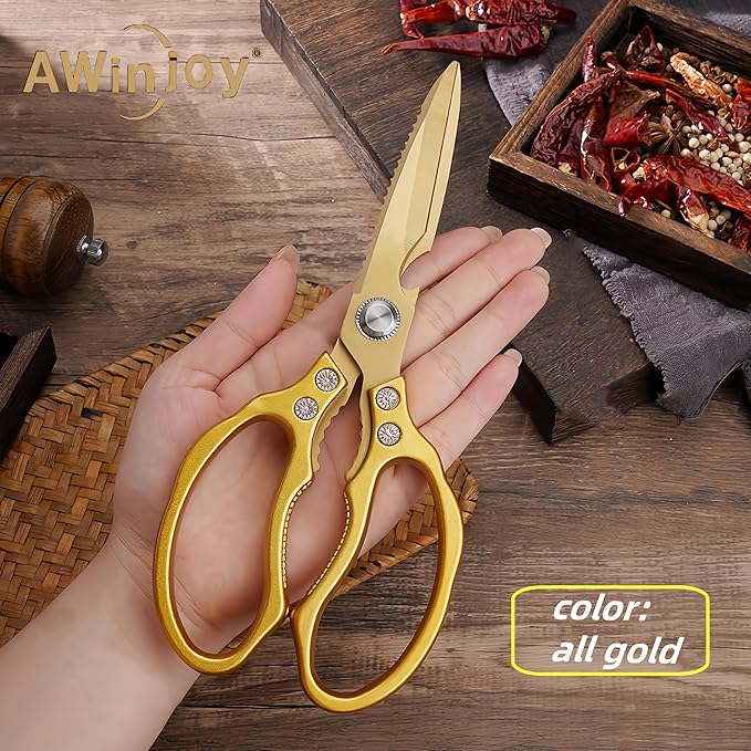 AWinjoy Japanese Gold Kitchen Scissors, Heavy Duty Stainless Steel, Dishwasher - Image 2