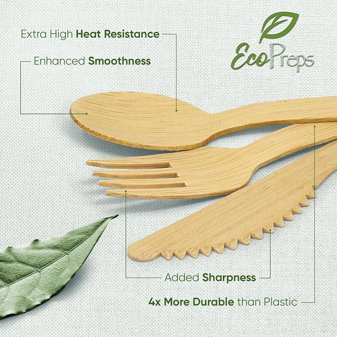 EcoPreps 100% Compostable Bamboo Cutlery Set Eco-Friendly, Biodegradable - Image 2