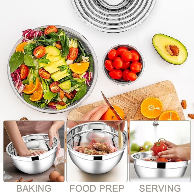 E-far Mixing Bowls with Lids Set, 7-Piece Stainless Steel Metal Mixing Bowls - Image 3