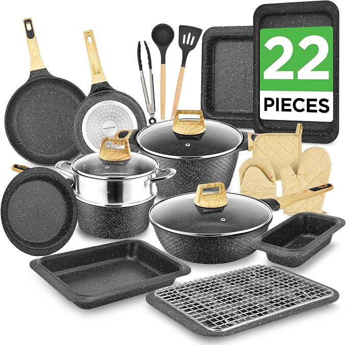 NutriChef 22-Piece Black Marble Non-Stick Cookware and Bakeware Set by NutriChef%E2%84%A2Kitchen