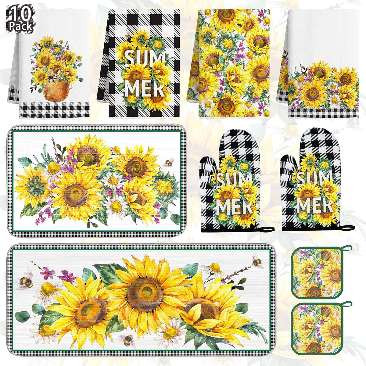10 PCS Sunflower Plaid Kitchen Decor and Accessories - Sets 4 Kitchen