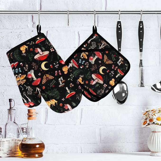Mushroom Oven Mitts and Pot Holders Sets Cute Oven Gloves Heat Resistant 4 Pcs - Image 2