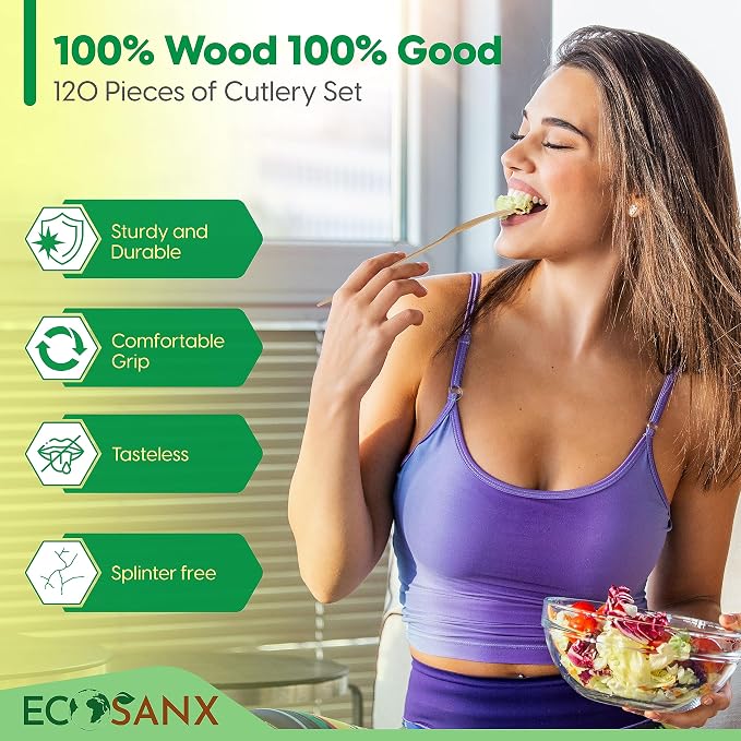 ECOSANX® 120 PCs Wooden forks for eating 6.5" Splinter Free Compostable Forks - Image 5