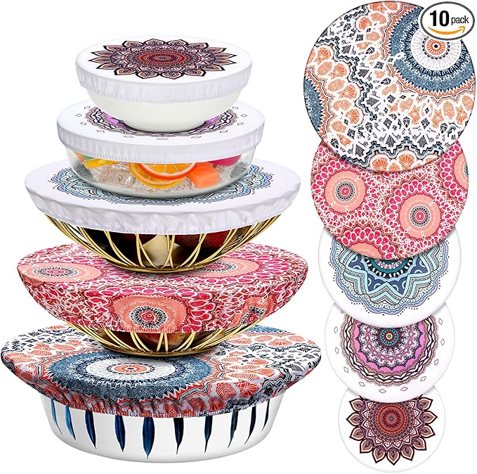 Patelai 10 Pcs Bowl Covers Reusable in 5 Size Stretch Cloth Fabric Elastic Food by Patelai