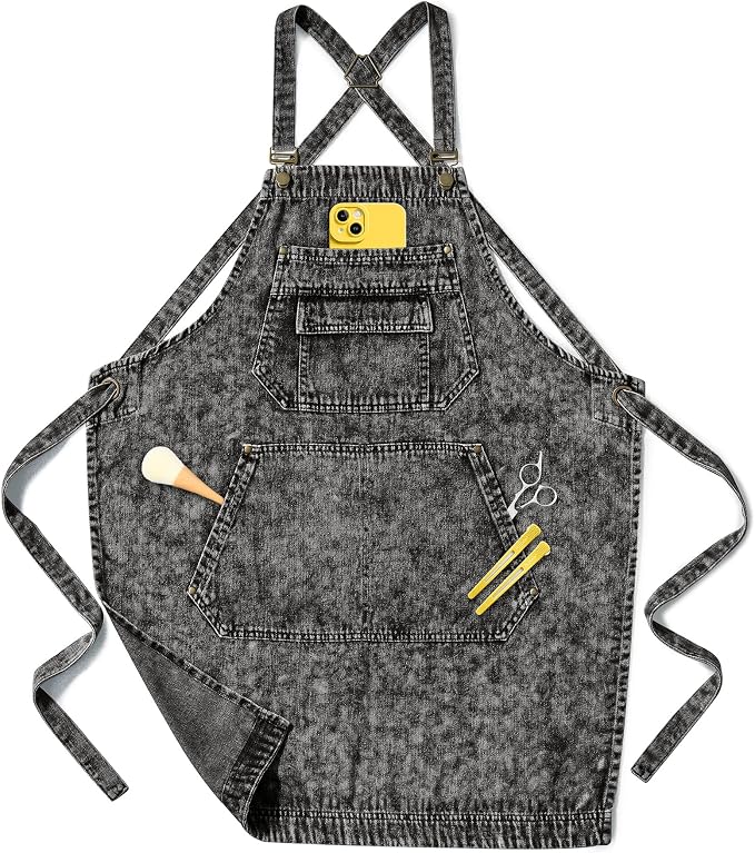 Denim Apron with Pockets for Hair Stylist Gardening Craftsmen Barista Women by Vammcht
