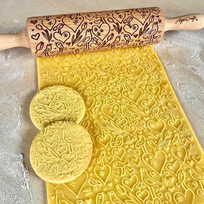 LOVE BIRDS Embossing Rolling Pin – Laser Engraved Dough Roller - Image 2