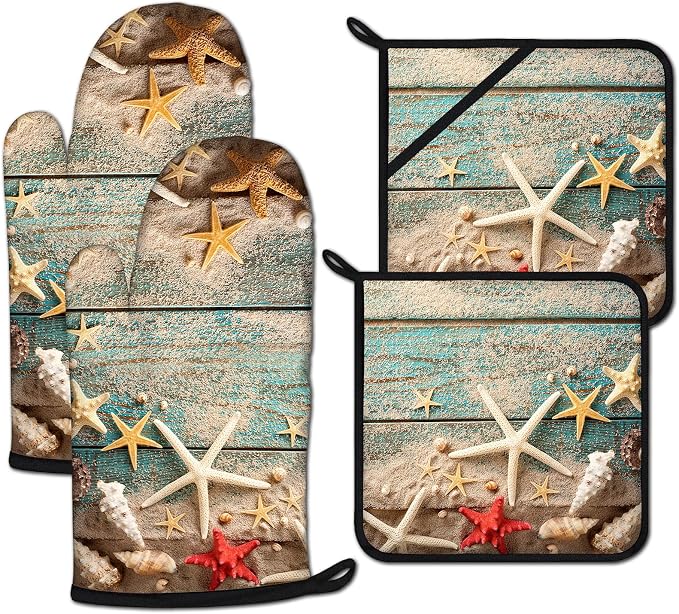 Beach Shells Starfish Oven Mitts and Pot Holders Sets Heat Resistant 4Pcs by ANTJOO