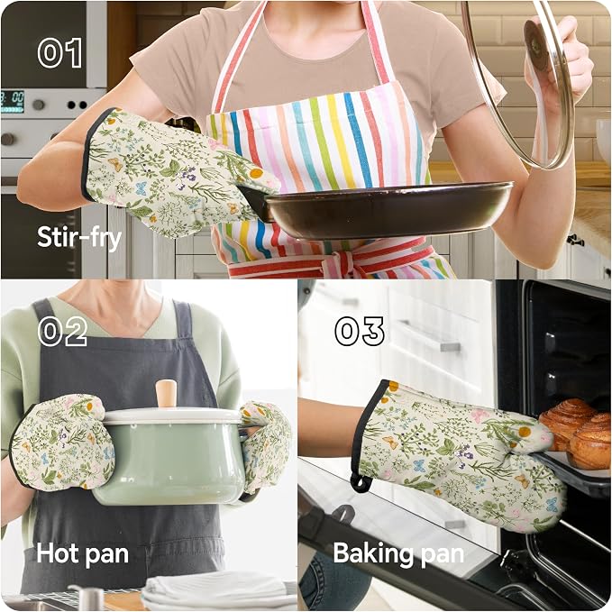 Vintage Wild Floral Oven Mitts and Pot Holders Sets Green Botanical Butterfly - Image 5