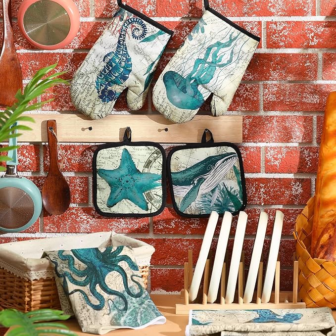 6 Pcs Sea Ocean Beach Kitchen Towels Pot Holders and Oven Mitts Set Coastal - Image 4