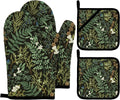 Botanical Print Floral Oven Mitts and Pot Holders Sets Black Sage Green Leaves by Imvertu