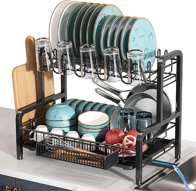 2 Tier Black Dish Drainer Drying Rack by Boosiny