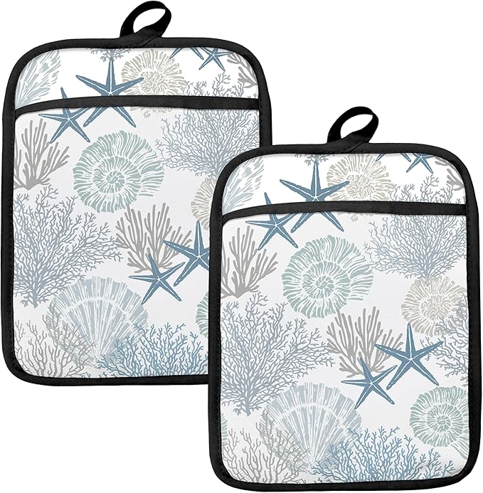 Coastal Beach Seashell Coral Starfish Oven Mitts Set, Ocean Beach Gifts by HUGANE