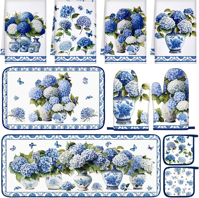 Fanfanwin 10 Pcs Chinoiserie Blue White Hydrangea Kitchen Decor Set Blue and by Fanfanwin