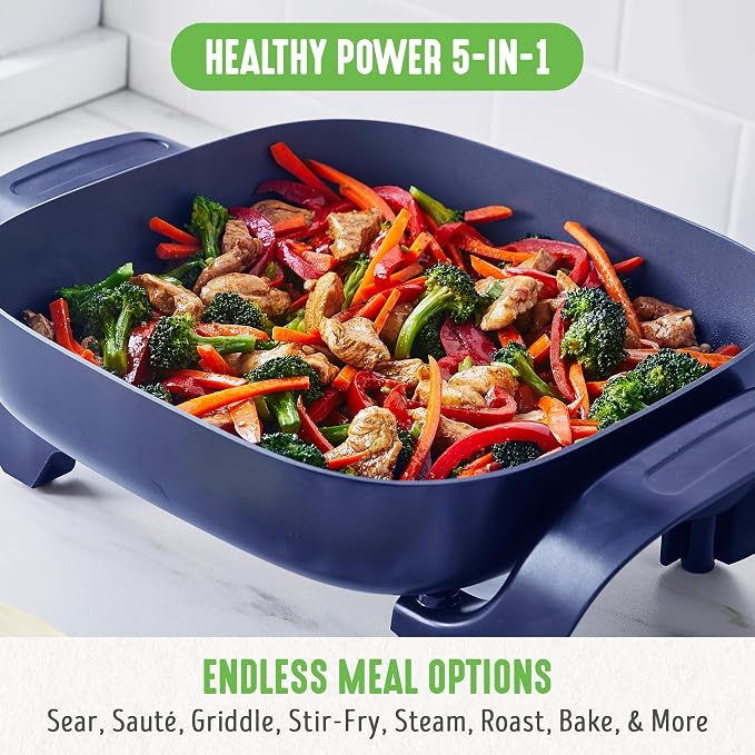 GreenLife 12" 5QT Square Electric Skillet, Glass Vented Lid, Ceramic PFAS-Free - Image 4
